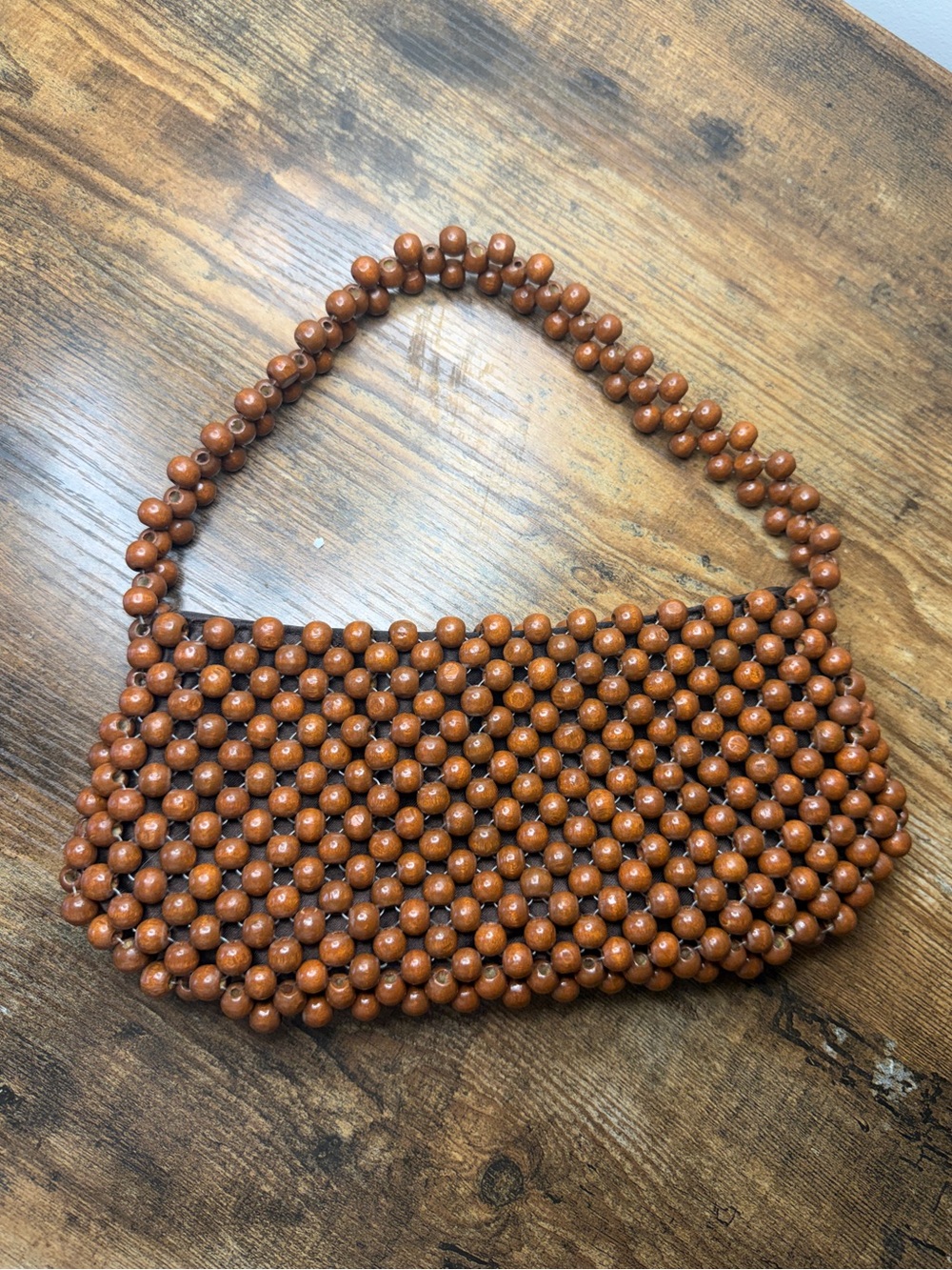 Vintage La Regale Wooden Bead Shoulder Bag, Boho Earthy Mini Purse